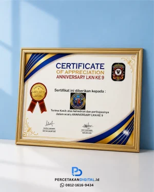 Cetak sertifikat custom Jakarta bahan premium finishing foil gold
